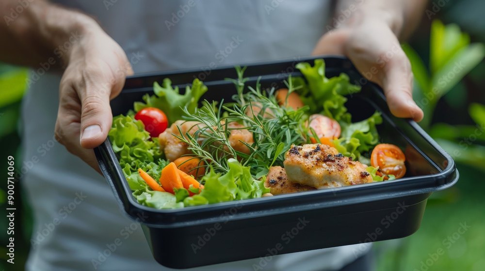 person holding a plate with vegetables, box of healthy food person holding a plate with vegetables, box of healthy food