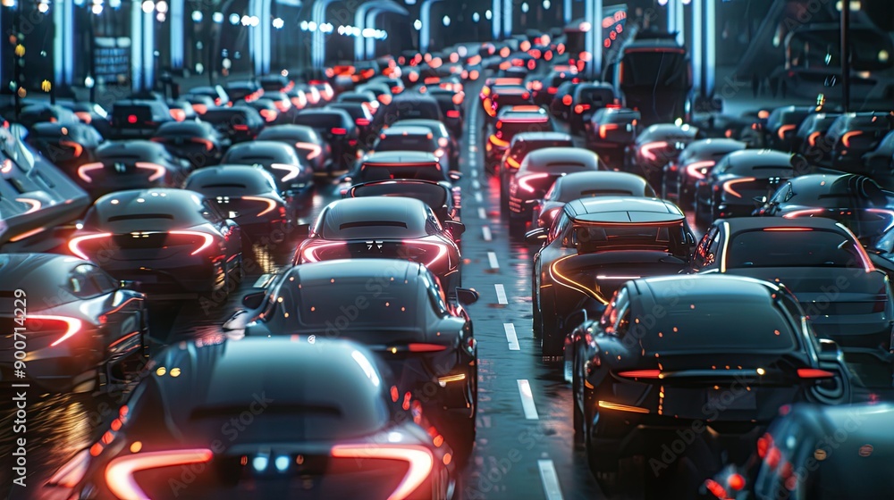 Fototapeta premium A congested urban road filled with electric vehicles, highlighting traffic jams and the challenges of managing increased vehicle density