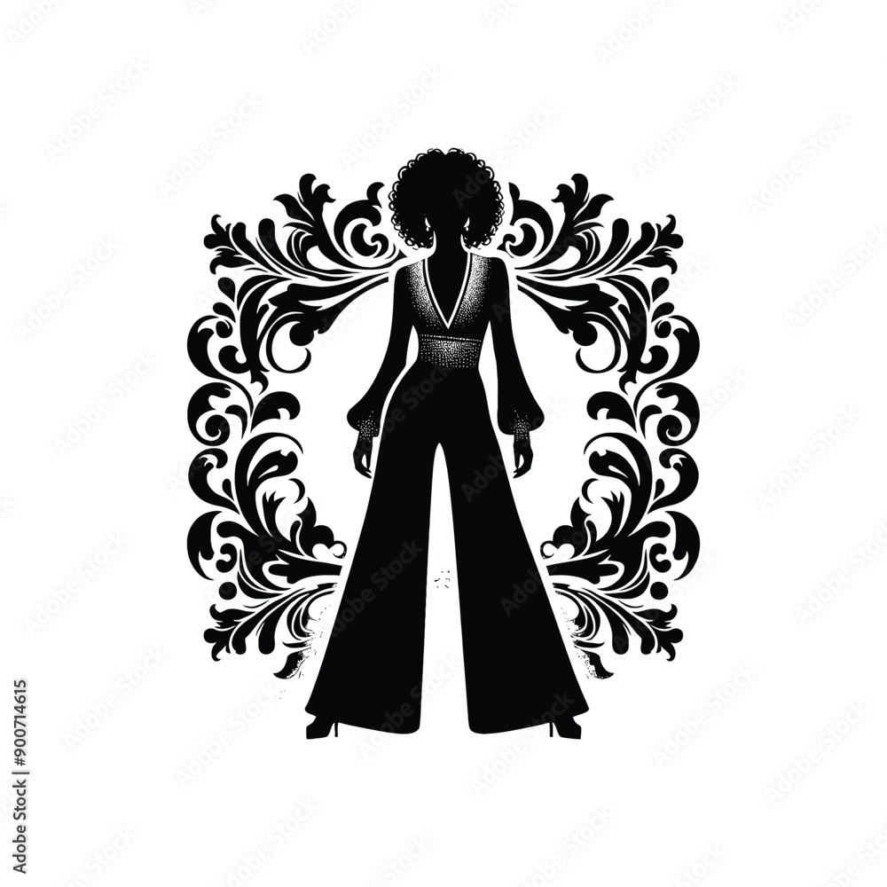 woman wearing retro fashion disco era jumpsuit with wide legs woman wearing retro fashion disco era jumpsuit with wide legs