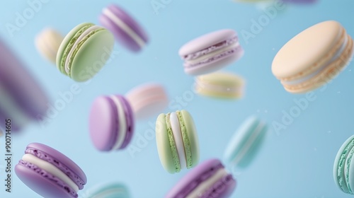 Wallpaper Mural pastel purple, green, blue, cream and yellow coloured macaroons floating in the air Torontodigital.ca