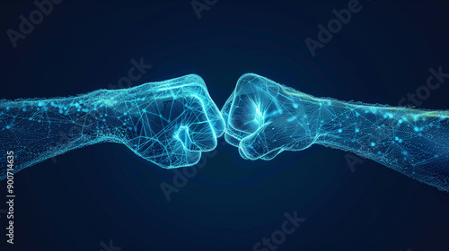 Abstract digital image of human hands making a fist bump gesture on a dark blue background. This represents the idea of ​​cooperation and partnership in the business world. photo