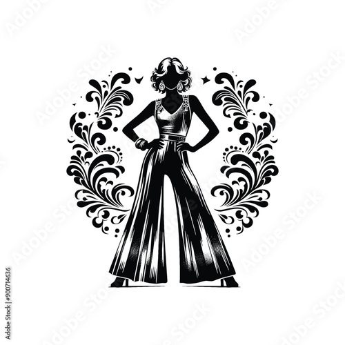 woman wearing retro fashion disco era jumpsuit with wide legs