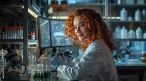 The woman scientist working. photo