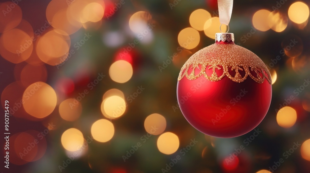 Fototapeta premium Red Christmas ball with ribbon on blurred background of Christmas tree