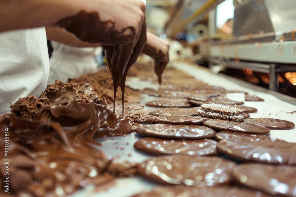 The meticulous and artistic process of handcrafting artisanal chocolate confectionery treats in a luxury pastry shop The meticulous and artistic process of handcrafting artisanal chocolate confectionery treats in a luxury pastry shop