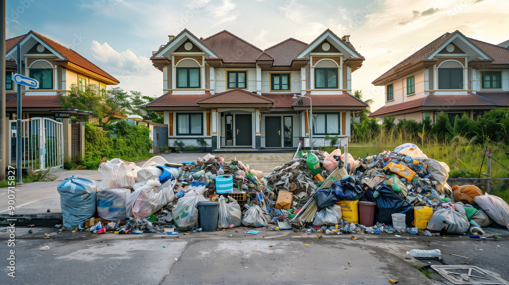 A pile of garbage and waste lies in front of a large luxury home ...