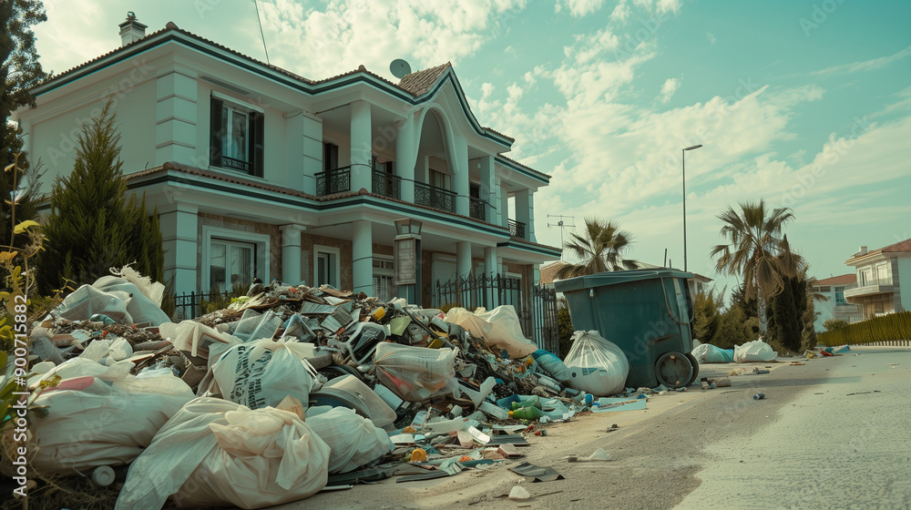 A pile of garbage and waste lies in front of a large luxury home ...