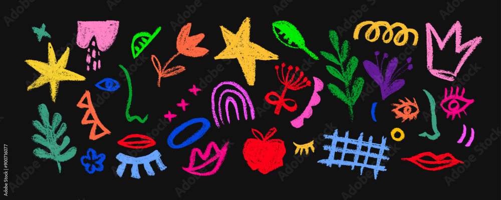 Obraz premium Bundle of abstract trendy doodle art. Set of hand drawn faces woman's, eyes, plant, curve, shape, object,crown, star. Design element. Flat vector cartoon illustration.