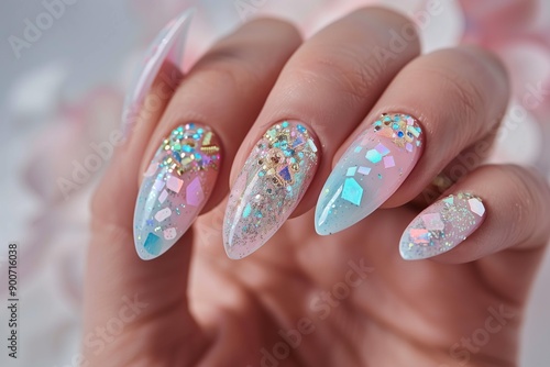 perfect almond shaped manicure ether nails are bedazzled with pastel blue icy crystals and gold, festive Christmas nails