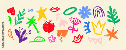 Collection of hand drawn colorful charcoal doodle shapes and squiggles in childish girly style. Pencil drawings isolated on white. Crown, stars, flower, heart and grid doodle collage elements.