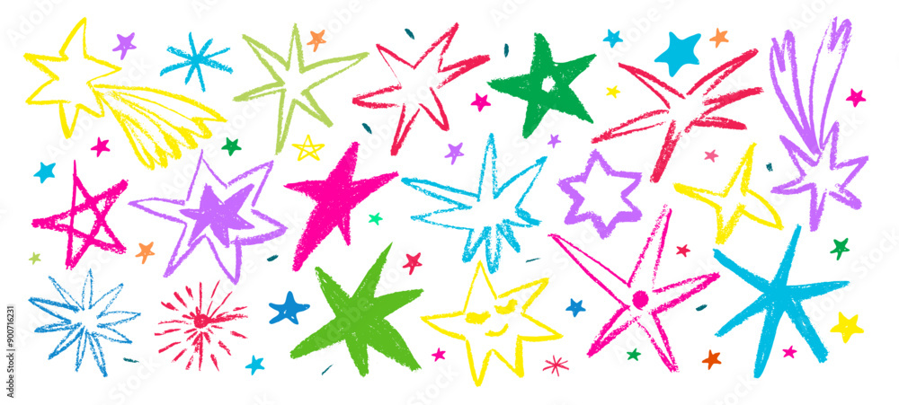 Set stars and meteorite doodle style drawn by hand. Grunge scrawls, charcoal scribbles, rough brush strokes, underline. Bold charcoal freehand stars. Crayon or marker scribbles Set stars and meteorite doodle style drawn by hand. Grunge scrawls, charcoal scribbles, rough brush strokes, underline. Bold charcoal freehand stars. Crayon or marker scribbles