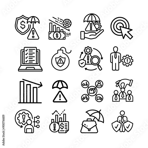 Investment icon set. Containing investor, mutual fund, asset, risk management, economy, financial gain, interest and stock icons. Solid icon collection.