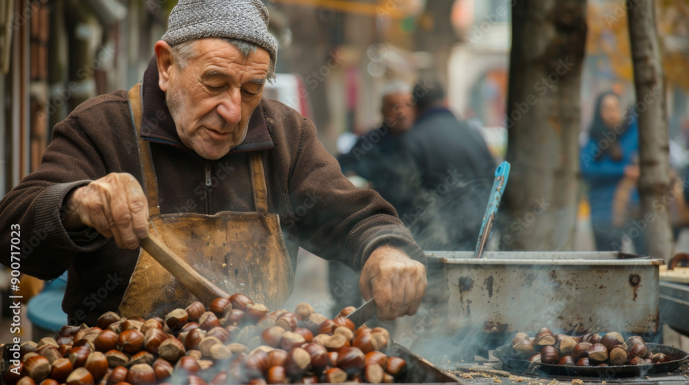 Fototapeta premium Older chestnut man with a cap and a headband preparing chestnuts in the street