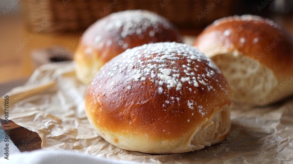 Freshly Baked Bread Rolls with Powdered Sugar Freshly Baked Bread Rolls with Powdered Sugar