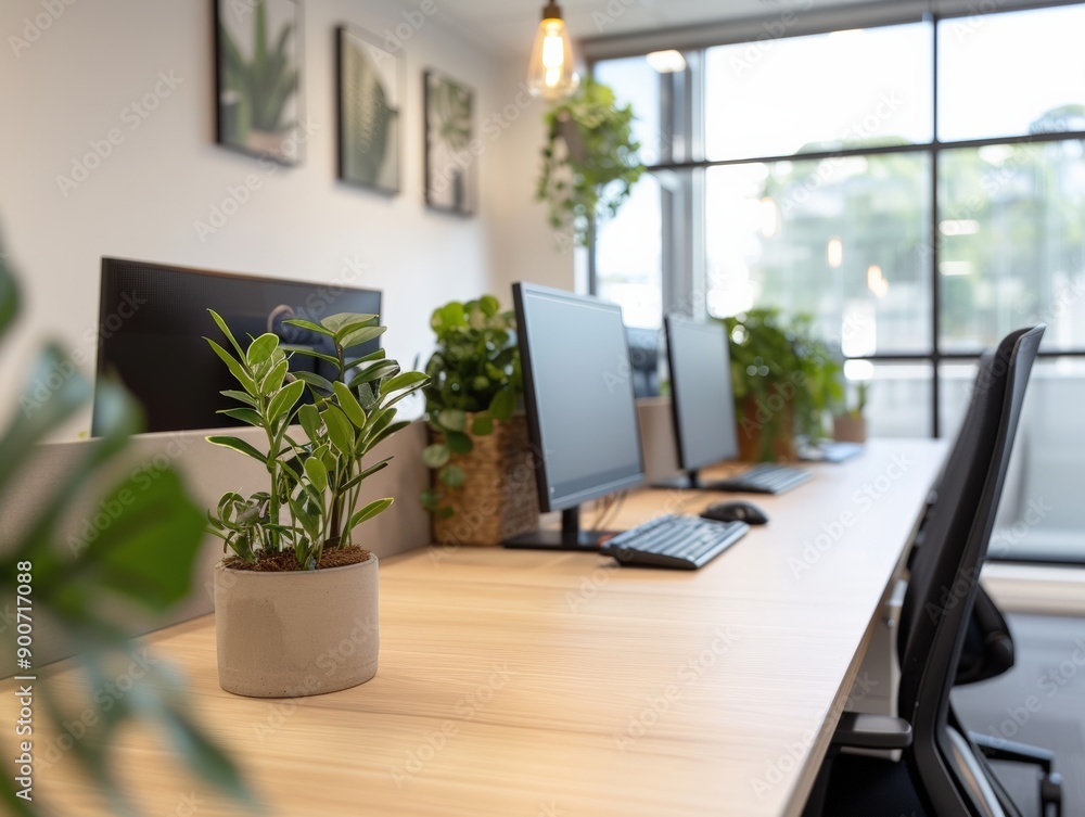 Modern office workspace featuring plants, computers, and natural light, creating a productive and inviting environment. Modern office workspace featuring plants, computers, and natural light, creating a productive and inviting environment.