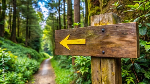 Rustic wooden way marking sign with yellow arrow on rural trail, surrounded by lush green foliage, Camino de Santiago pilgrimage route, Spain.