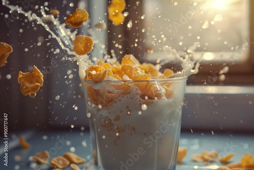 Dynamic image of cereal flakes falling into a glass of milk, causing a splash, backlit by warm sunlight