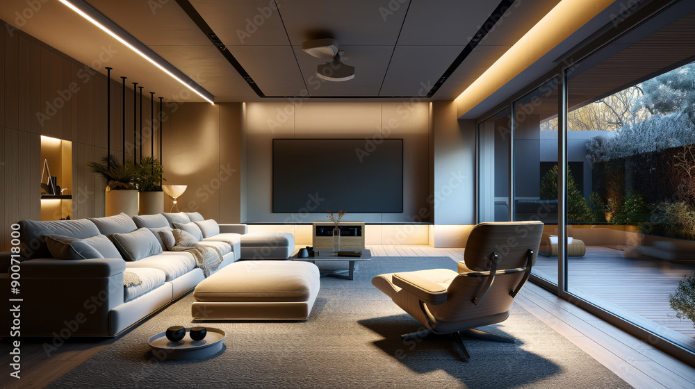 Modern living room interior with a large sectional sofa, armchair, coffee table, and a wall-mounted television. Large windows reveal a deck and garden outside. Modern living room interior with a large sectional sofa, armchair, coffee table, and a wall-mounted television. Large windows reveal a deck and garden outside.