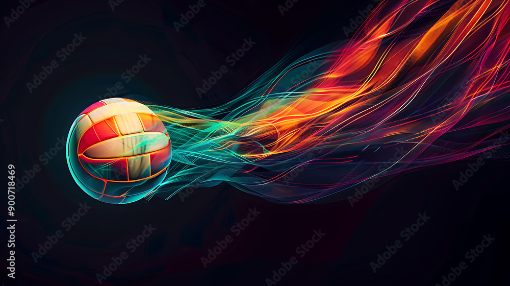A Thrilling MomentA Vibrant Spinning Volleyball in Mid-Air Against a Stark Black Background A Thrilling MomentA Vibrant Spinning Volleyball in Mid-Air Against a Stark Black Background