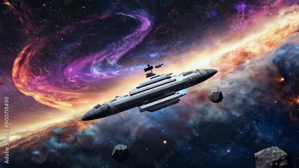 A sleek spaceship glides through vibrant galaxies surrounded by floating asteroids in the profound depths of space A sleek spaceship glides through vibrant galaxies surrounded by floating asteroids in the profound depths of space