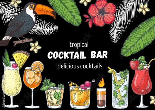 Alcoholic cocktails frame. Hand drawn vector illustration. Tropical Cocktails sketch set. Engraved style.