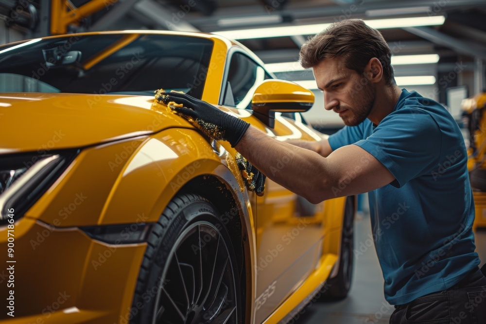 Man working on luxury yellow sports car in modern workshop. Detail-oriented maintenance and car care. Professional auto detailing. Stylish setting with cutting-edge tools. Generative AI Man working on luxury yellow sports car in modern workshop. Detail-oriented maintenance and car care. Professional auto detailing. Stylish setting with cutting-edge tools. Generative AI