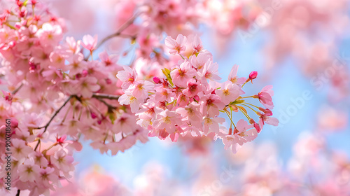 Vibrant cherry blossoms in full bloom against a clear blue sky, captured in raw style.