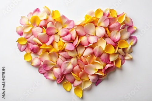 Delicate pink and yellow petals form a heart shape, symbolizing love and new beginnings, against a clean and crisp white background, capturing spring's beauty.