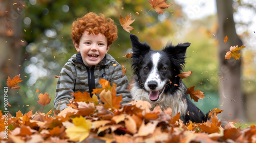 Red-haired boy playing with a black and white dog in autumn leaves outdoors. Concept of joyful childhood, fall season, outdoor activities, friendship with pets