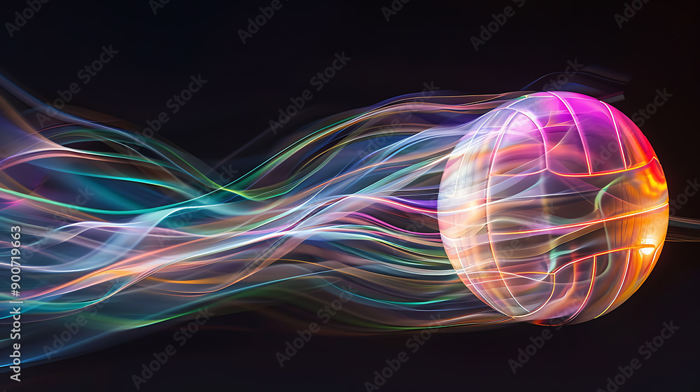 Dynamic Volleyball in MotionA Vivid Display of Speed and Excitement Against a Stark Black Background Dynamic Volleyball in MotionA Vivid Display of Speed and Excitement Against a Stark Black Background