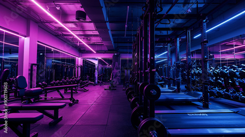 wide angle photo of an modern gym with purple light