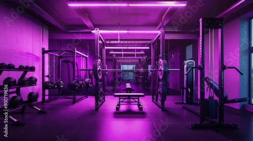 wide angle photo of an modern gym with purple light