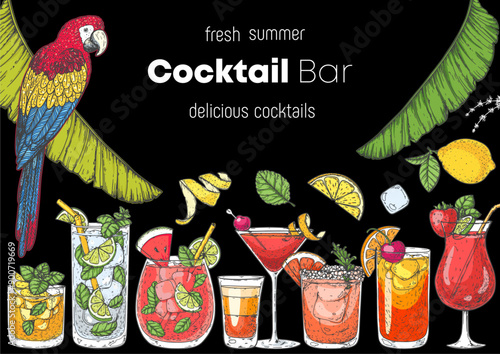Alcoholic cocktails frame. Hand drawn vector illustration. Tropical Cocktails sketch set. Engraved style.