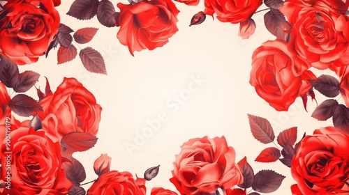 Stunning red roses frame with elegant dark green leaves.