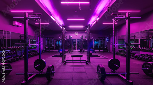 wide angle photo of an modern gym with purple light photo