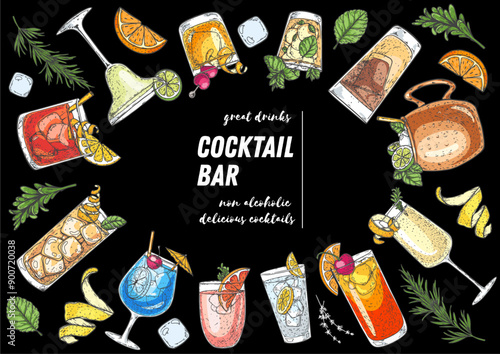 Alcoholic cocktails frame. Hand drawn vector illustration. Cocktails sketch set. Engraved style.