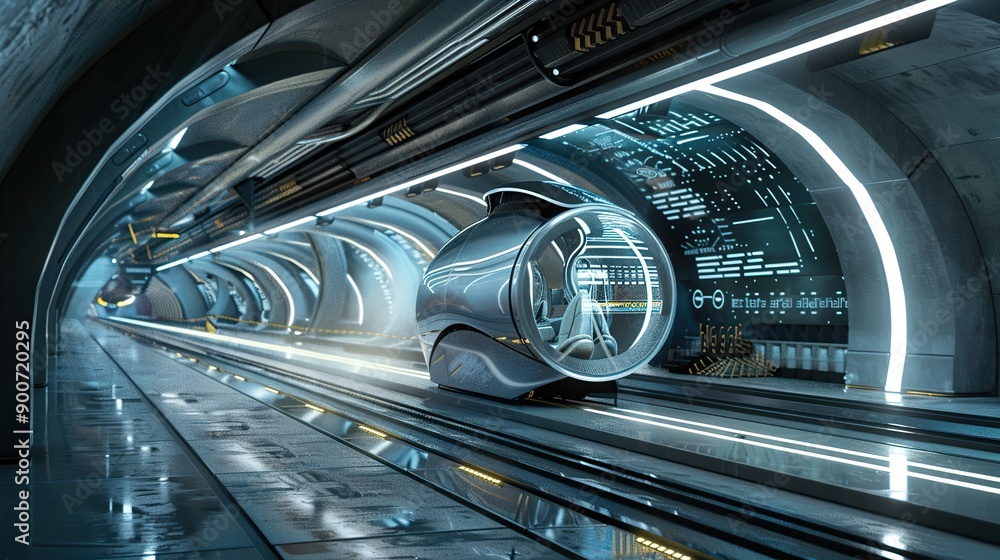 Fototapeta premium A futuristic hyperloop station with a high-speed pod arriving at the platform, surrounded by advanced infrastructure and digital displays