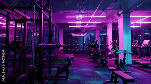 wide angle photo of an modern gym with purple light