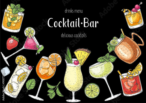 Alcoholic cocktails frame. Hand drawn vector illustration. Cocktails sketch set. Engraved style.