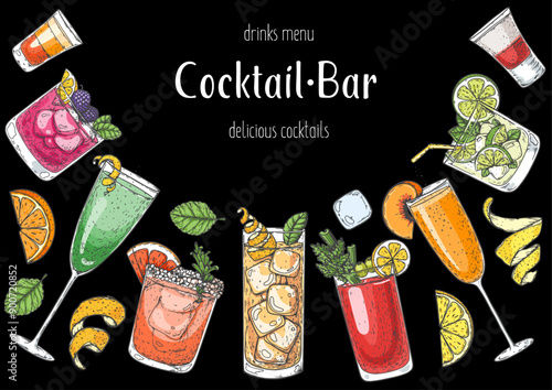 Alcoholic cocktails frame. Hand drawn vector illustration. Cocktails sketch set. Engraved style.