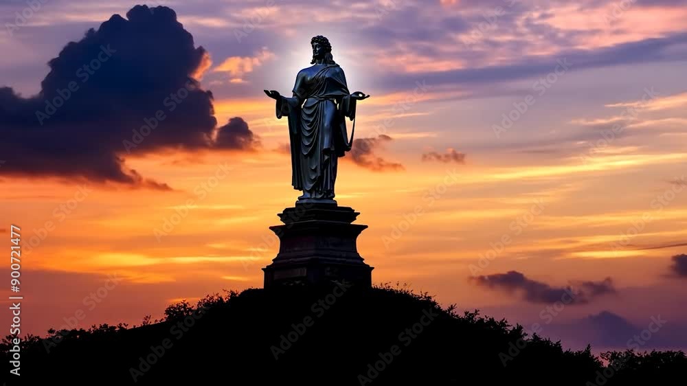A tall religious statue stands atop a hill, silhouetted by a colorful sunset, as the sky transitions from day to night A tall religious statue stands atop a hill, silhouetted by a colorful sunset, as the sky transitions from day to night