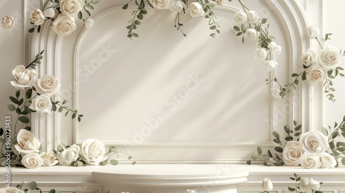 A beautiful, elegant white arch adorned with delicate white roses and lush green leaves, casting subtle shadows in a soft, luxurious ambiance, ideal for home decor.