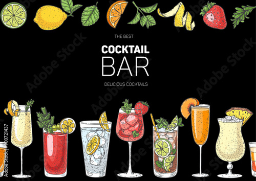 Alcoholic cocktails frame. Hand drawn vector illustration. Horizontal seamless pattern. Cocktails sketch set. Engraved style.