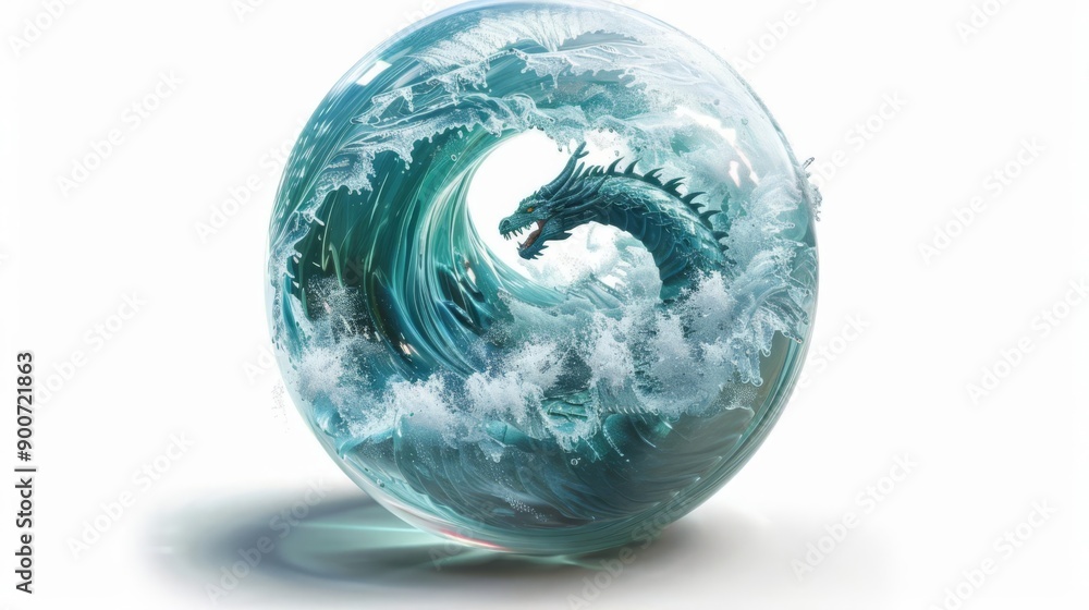 Crystal ball, dragon and ocean waves, fantasy art, powerful, isolated on white background Crystal ball, dragon and ocean waves, fantasy art, powerful, isolated on white background