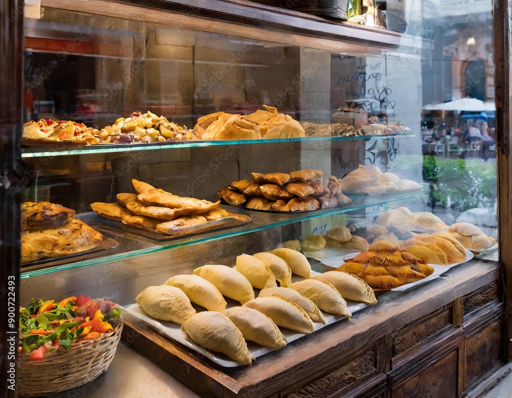 Cozy Argentinian shop with a glass display case filled with assorted empanadas - traditional argentinian dish delicacy Cozy Argentinian shop with a glass display case filled with assorted empanadas - traditional argentinian dish delicacy