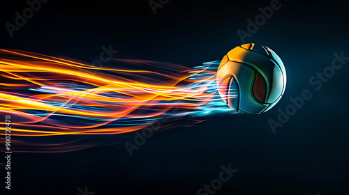 A Dynamic Volleyball in MotionA Colorful Display of Energy Against a Black Background photo