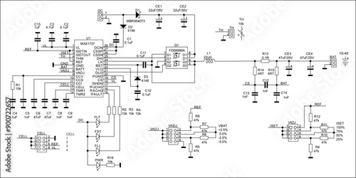 Technical schematic diagram of electronic device.
Vector drawing electrical circuit with 
controller, led, integrated circuit, capacitor, resistor,
diode, other electronic components.