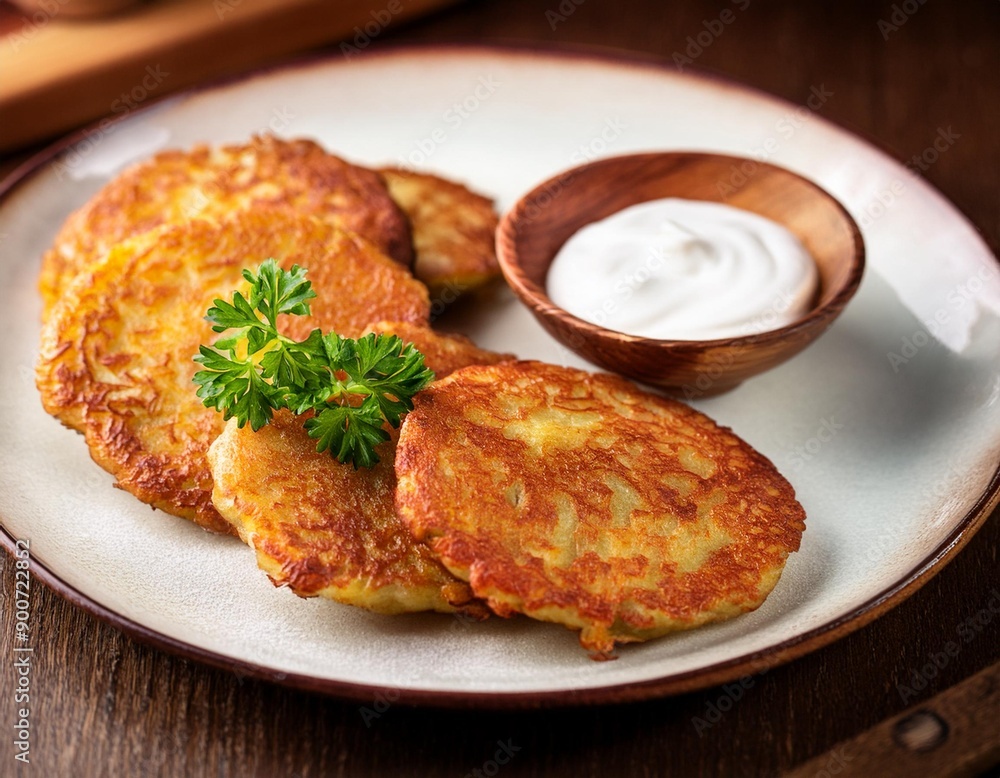 Polish placki ziemniaczane (potato pancakes) served with sour cream - traditional polish dish Polish placki ziemniaczane (potato pancakes) served with sour cream - traditional polish dish