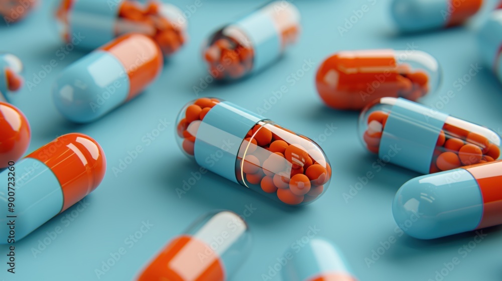 Close-up of scattered capsules and pills with blue and orange halves on a light blue background. Close-up of scattered capsules and pills with blue and orange halves on a light blue background.