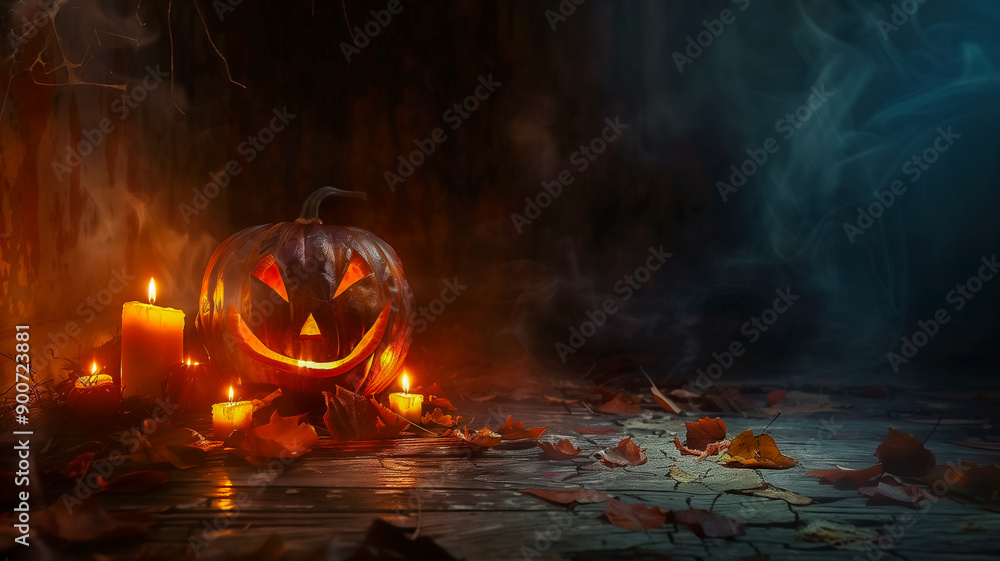 Halloween background with a carved jack o lantern or pumpkin, candles and copy space for your text Halloween background with a carved jack o lantern or pumpkin, candles and copy space for your text